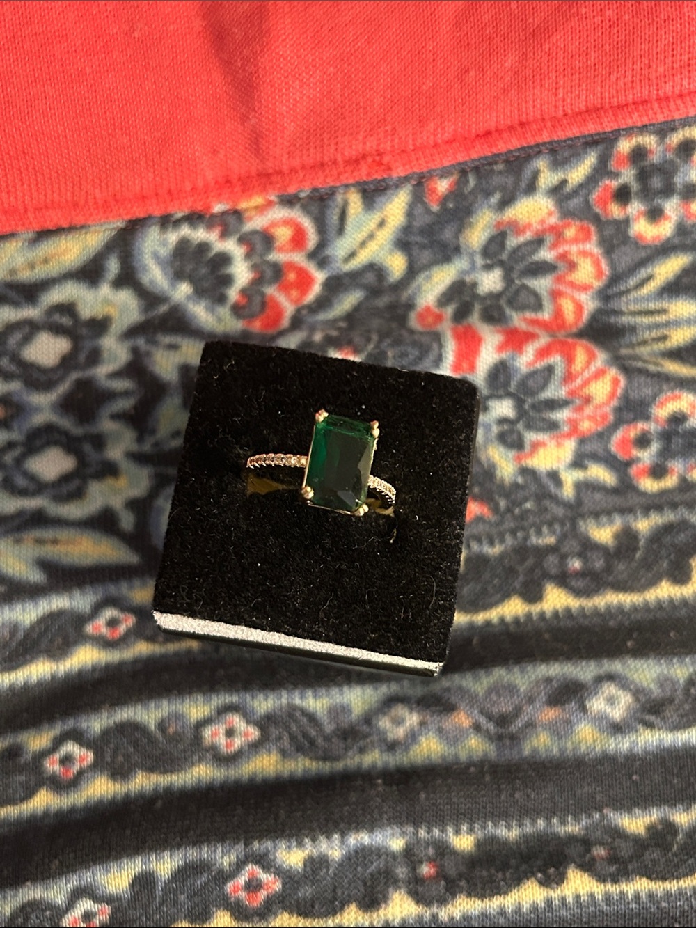 Rivka Friedman 18 k gold clad Ring with Emerald Green Rectangular Stone